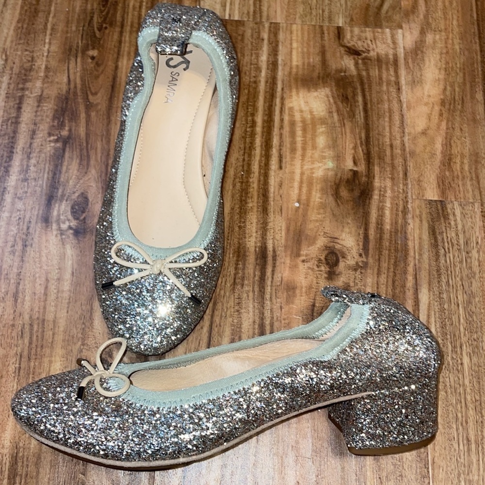 Yosi Samra Silver Glitter Low Block Heel Ballet Flats